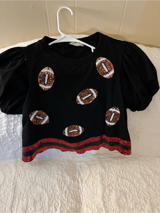 Peach Love California Tops - Black Sequin Football Crop Tee with Red Trim